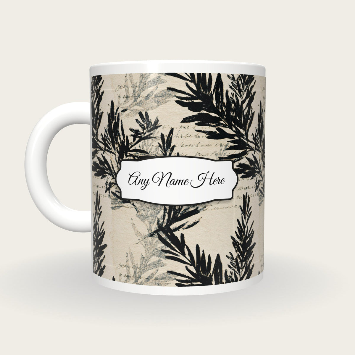 Risograph Evergreen Sprigs Name Mug 2, back with the second name label
