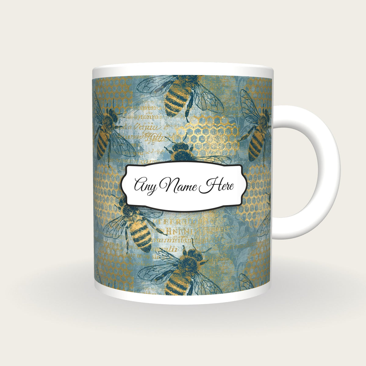 Lithograph Honey Bees Name Mug, front with the name label