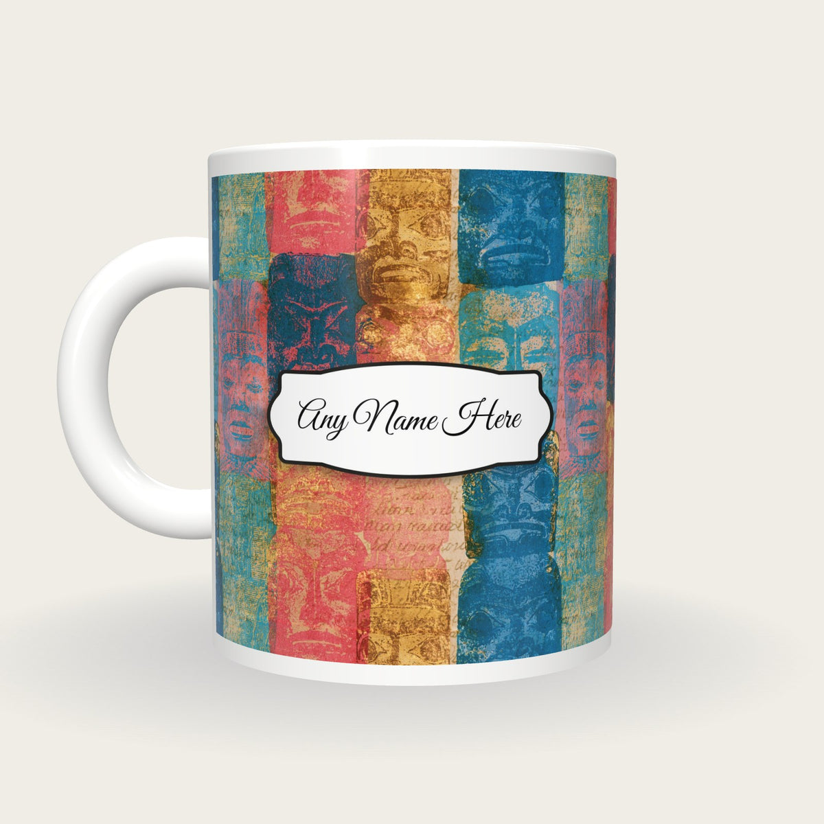 Antique Botanical Totem Poles Name Mug, back with the second name label