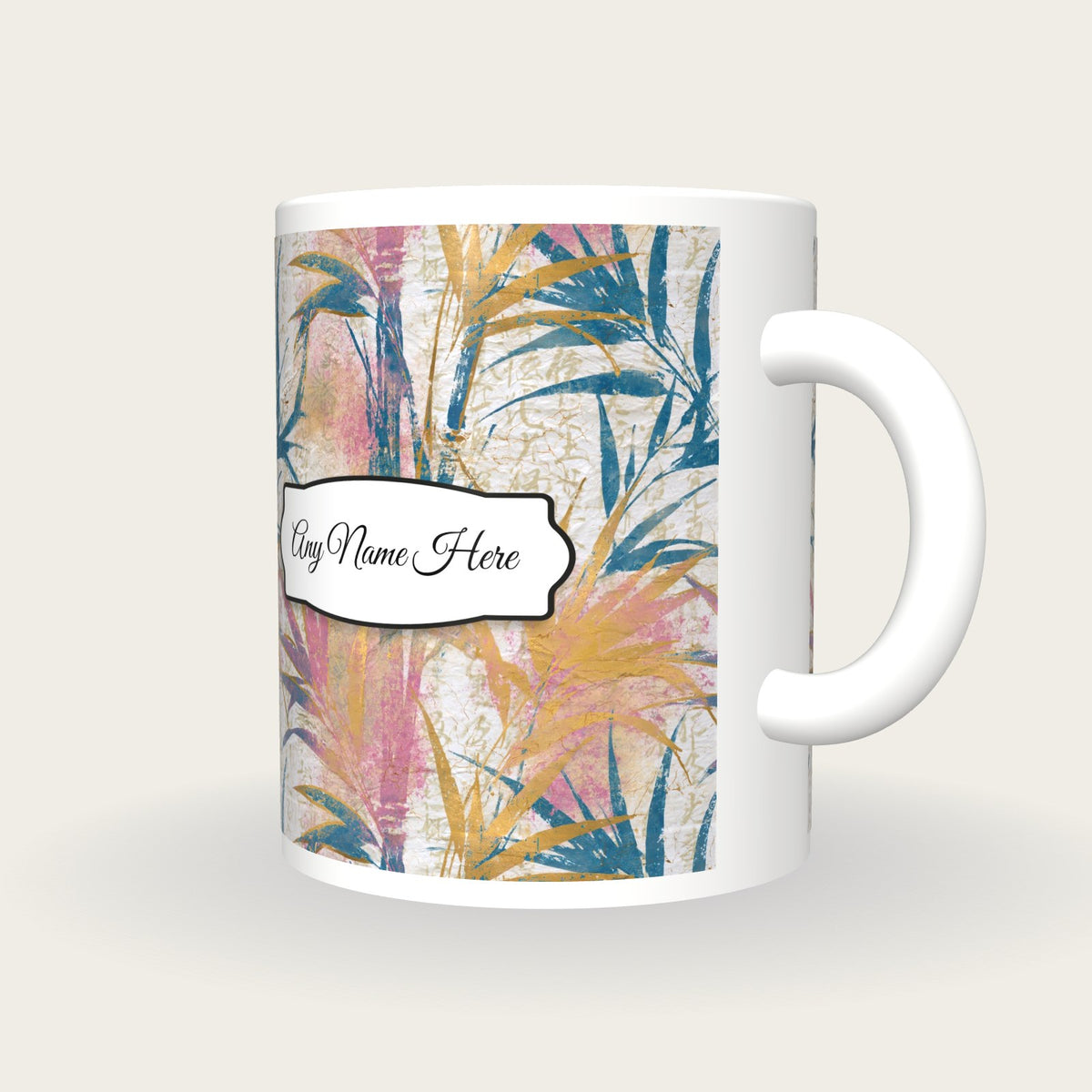 Batik Reeds Name Mug 2, three-quarter view