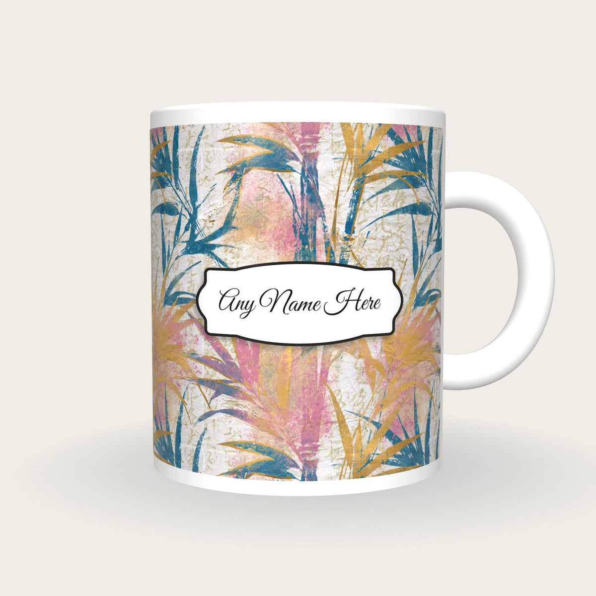 Batik Reeds Name Mug 2, front with the name label