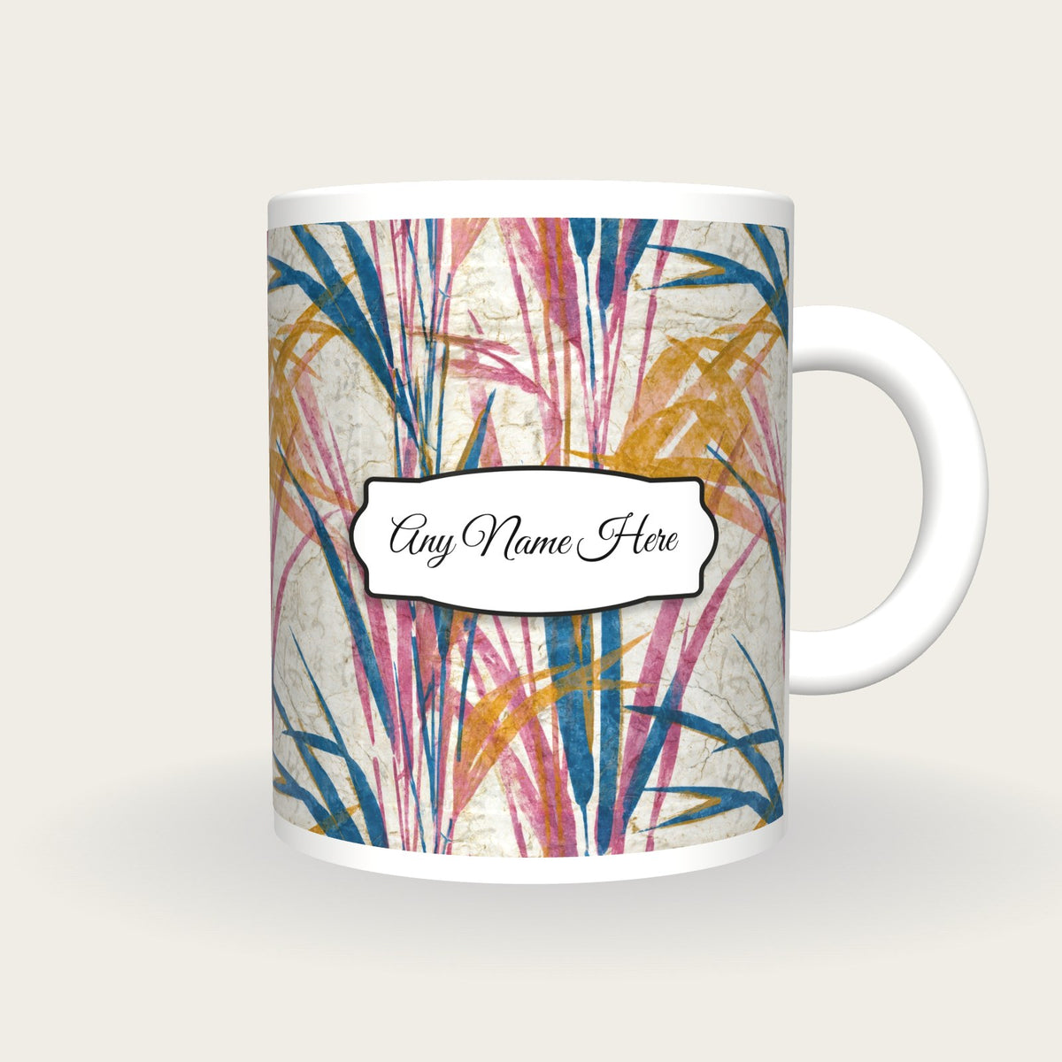 Batik Reeds Name Mug, front with the name label