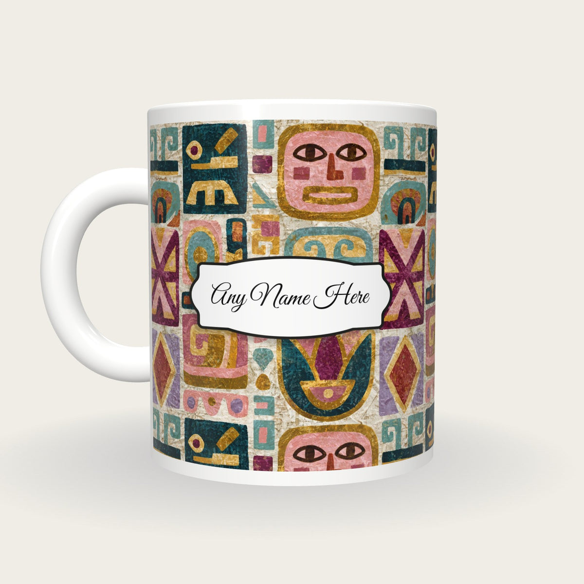 Folk Art Mayan Glyphs Name Mug, back with the second name label