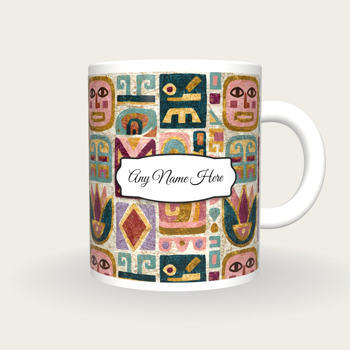 Folk Art Mayan Glyphs Name Mug, front with the name label