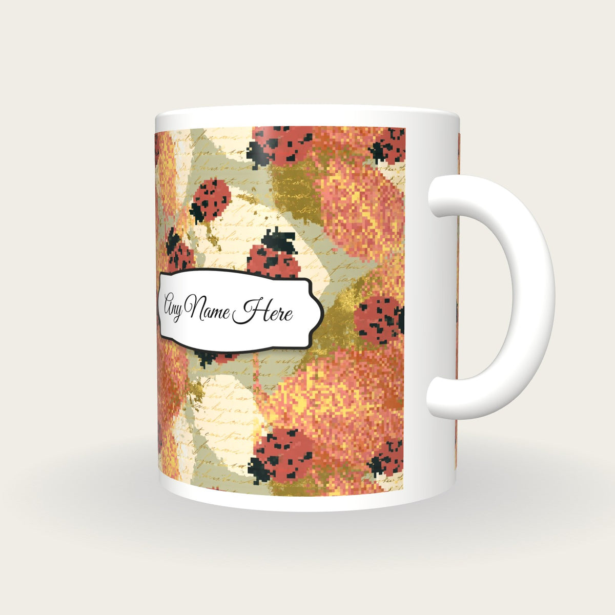 Pixel Ladybirds Name Mug, three-quarter view
