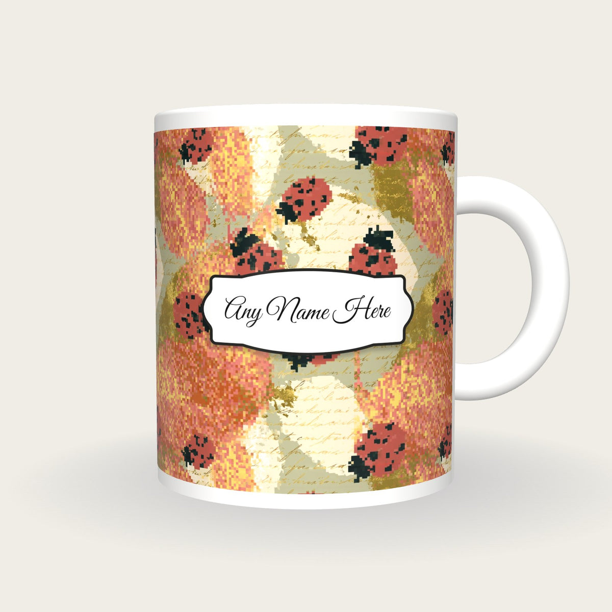 Pixel Ladybirds Name Mug, front with the name label
