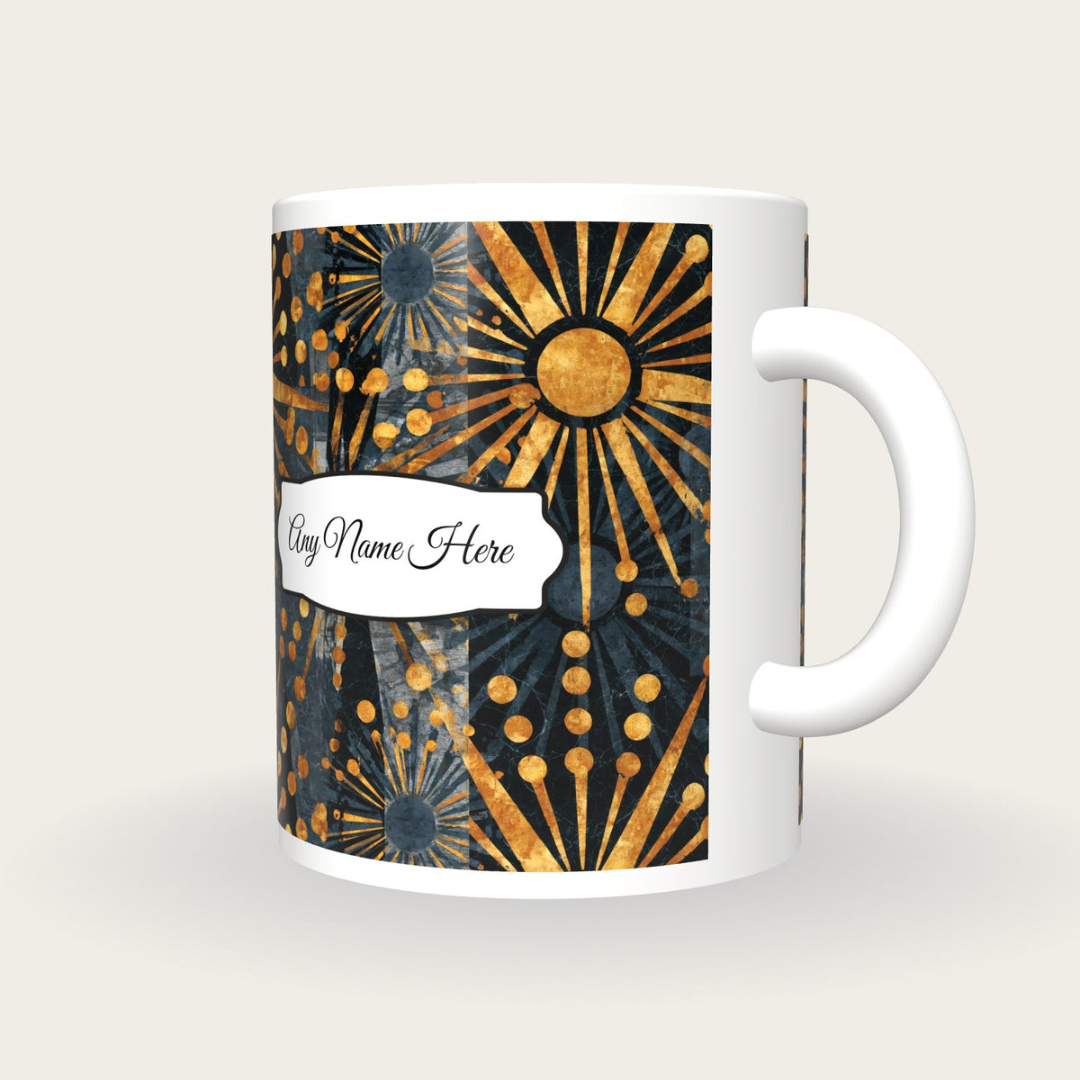 Batik Backgammon Points Name Mug, three-quarter view