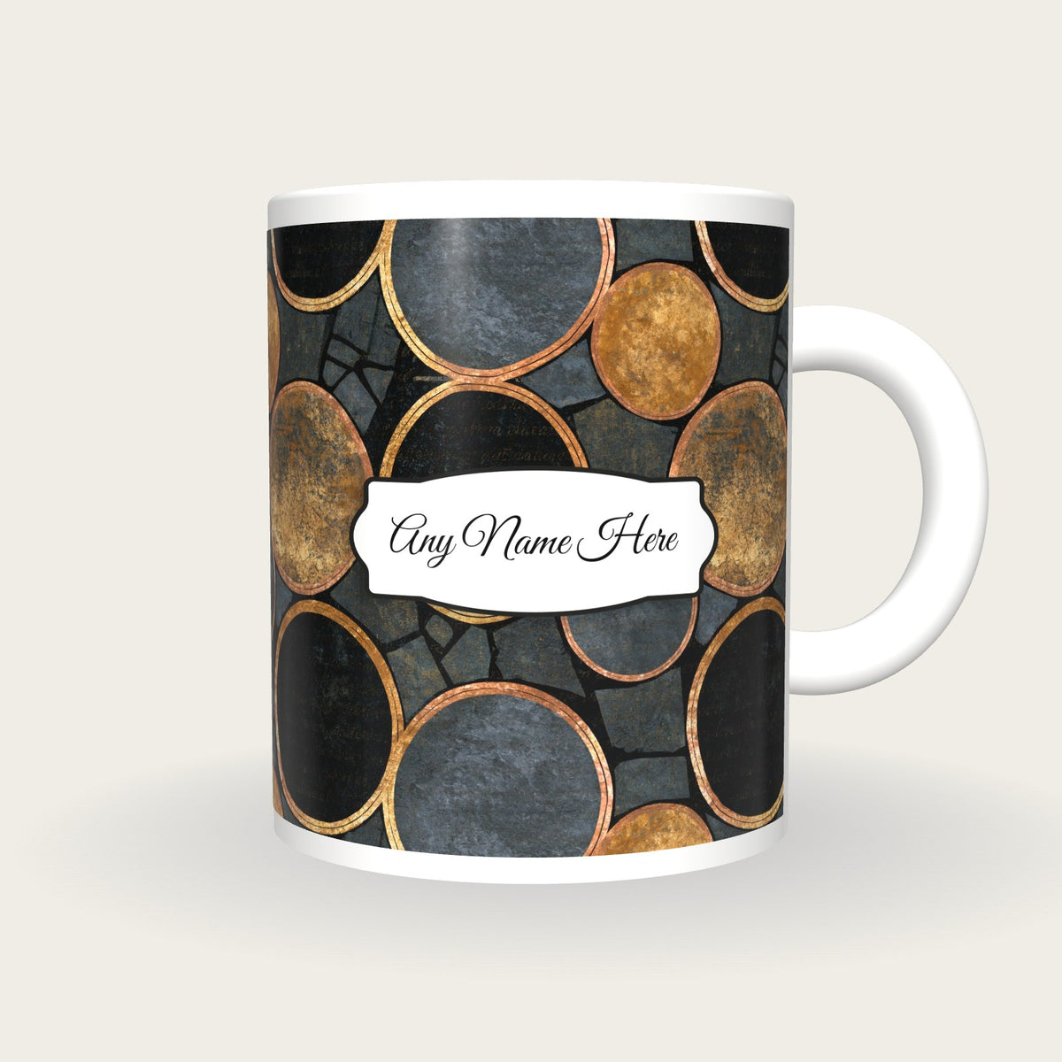 Mosaic Embroidery Hoops Name Mug, front with the name label
