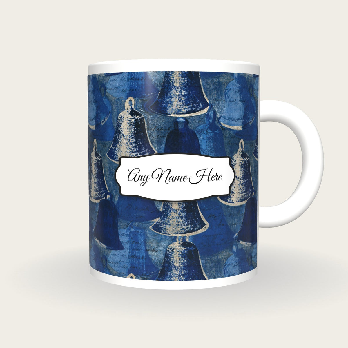 Mezzotint Silver Bells Name Mug, front with the name label