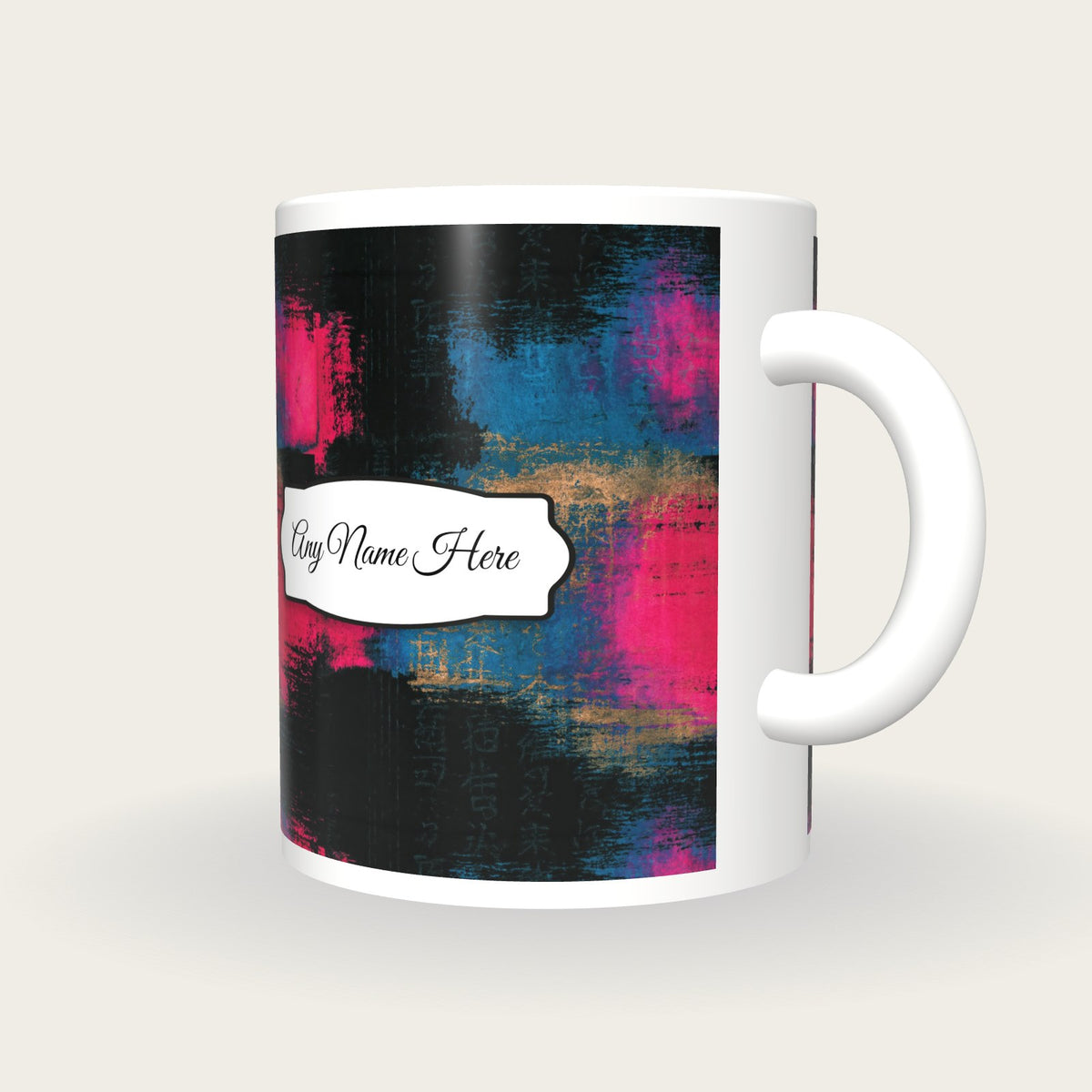 Drypoint Pink Abstract Name Mug, three-quarter view