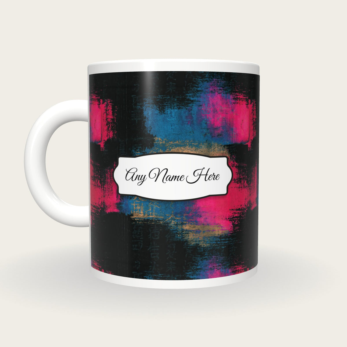 Drypoint Pink Abstract Name Mug, back with the second name label