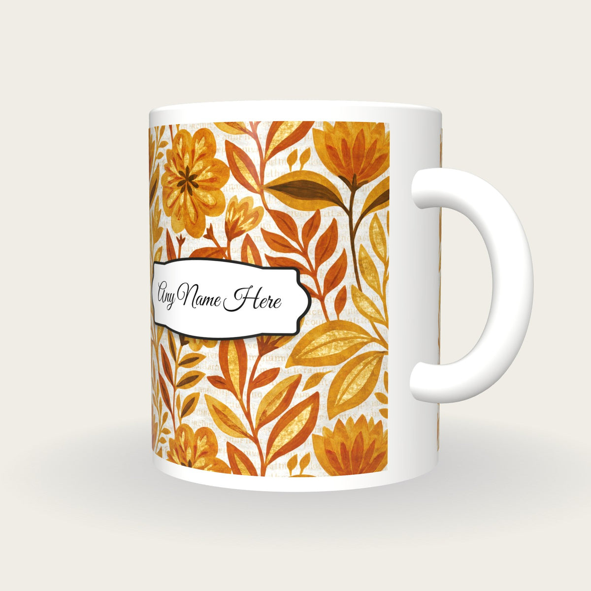 Indian Block Print Caramel Abstract Name Mug 2, three-quarter view