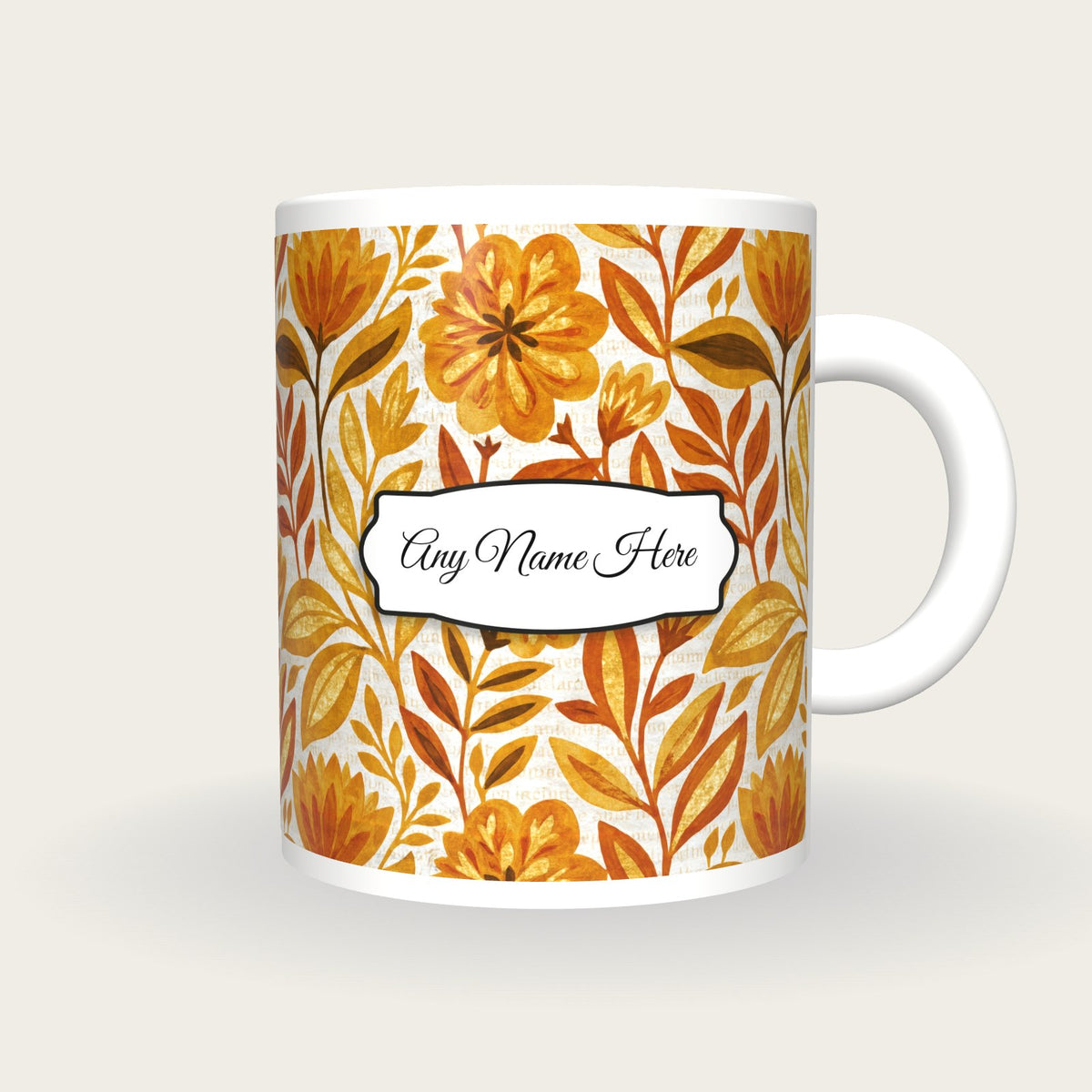 Indian Block Print Caramel Abstract Name Mug 2, front with the name label