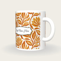 Indian Block Print Caramel Abstract Name Mug 3, three-quarter view