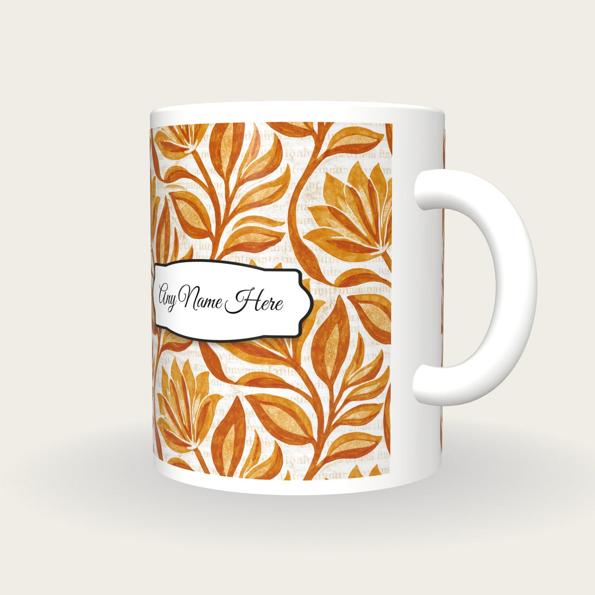 Indian Block Print Caramel Abstract Name Mug 3, three-quarter view
