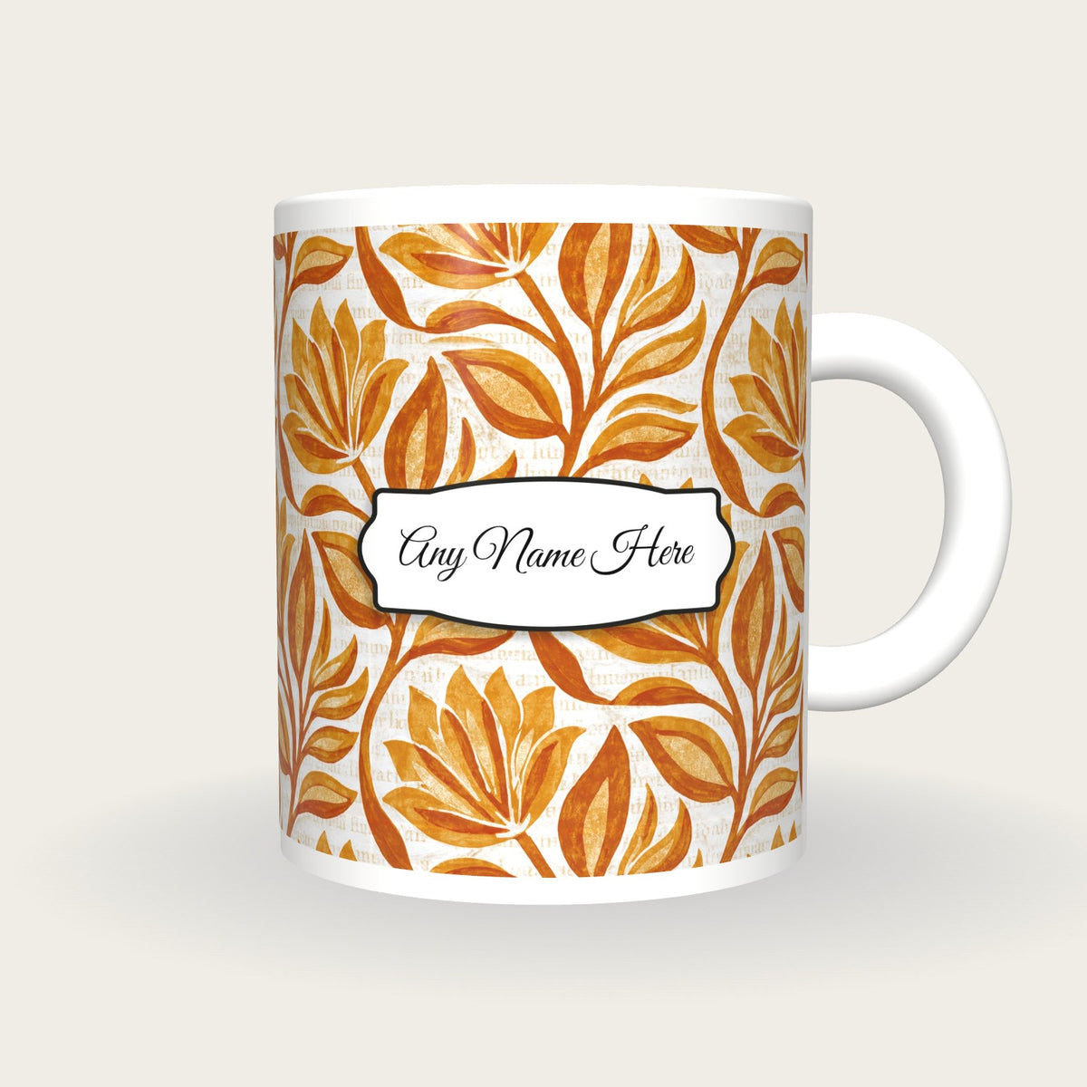 Indian Block Print Caramel Abstract Name Mug 3, front with the name label