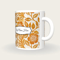 Indian Block Print Caramel Abstract Name Mug, three-quarter view