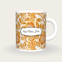 Indian Block Print Caramel Abstract Name Mug, front with the name label