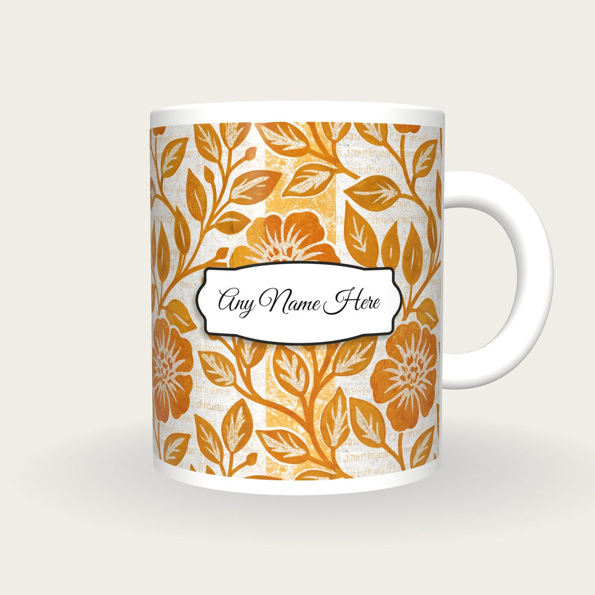 Indian Block Print Caramel Abstract Name Mug, front with the name label