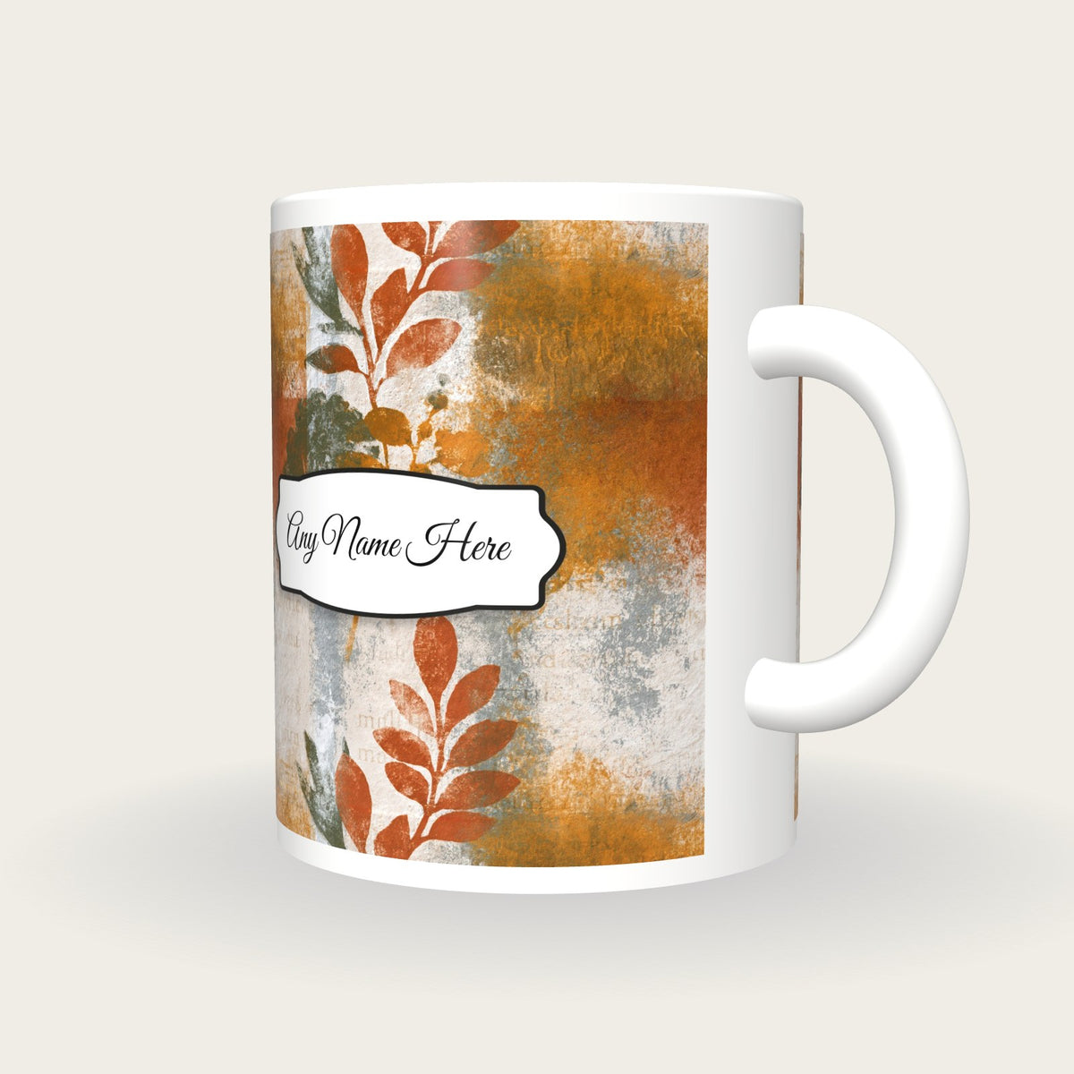 Monoprint Copper Abstract Name Mug, three-quarter view