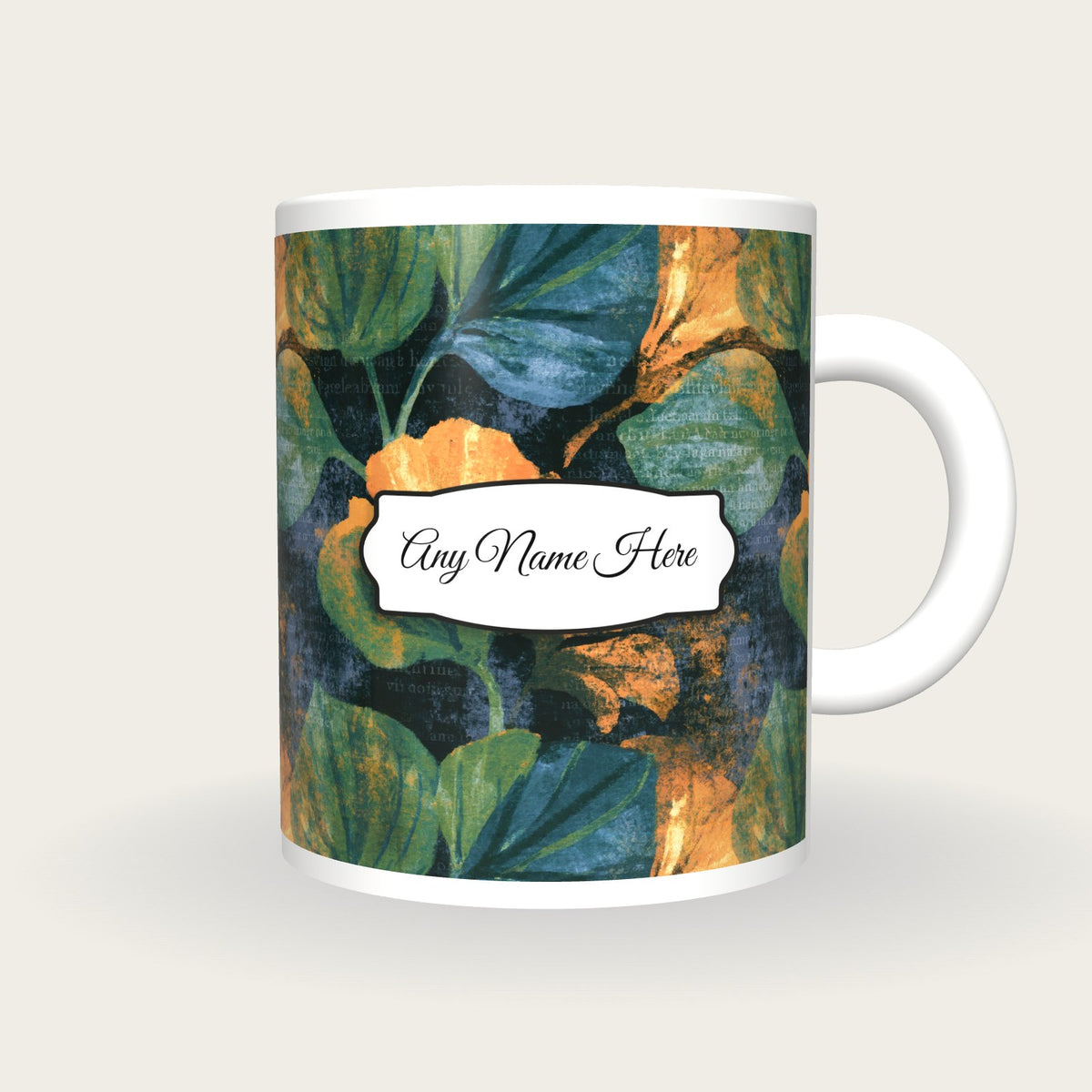 Sumi-e Forest Abstract Name Mug, front with the name label