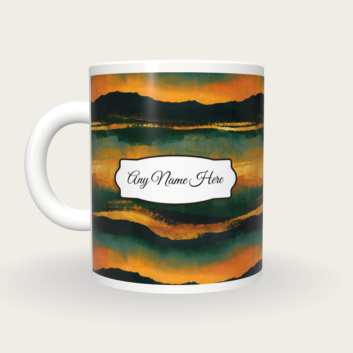 Sumi-e Forest Abstract Name Mug 2, back with the second name label
