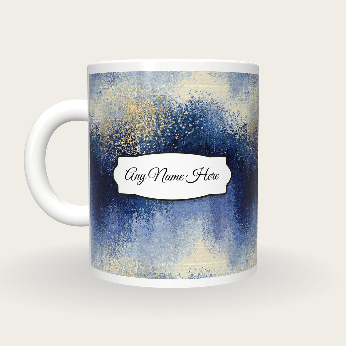 Pointillism Sky Abstract Name Mug, back with the second name label