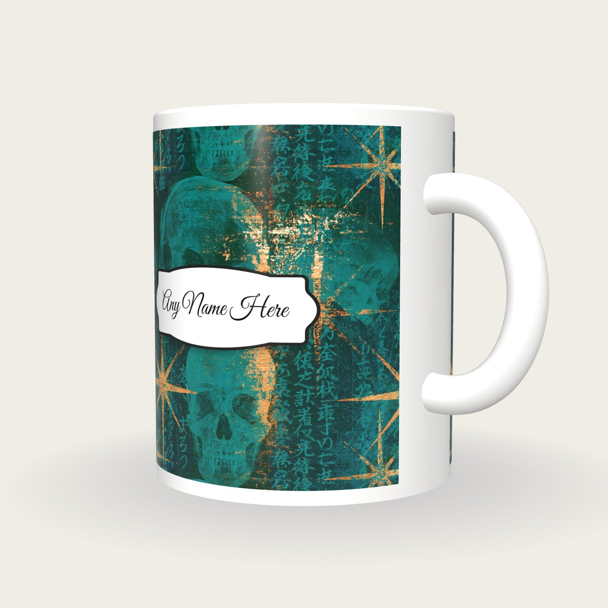 X-ray Skulls Starfield Name Mug 2, three-quarter view