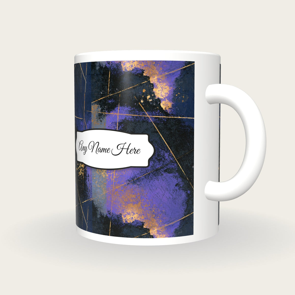 Scratchboard Purple Abstract Name Mug, three-quarter view