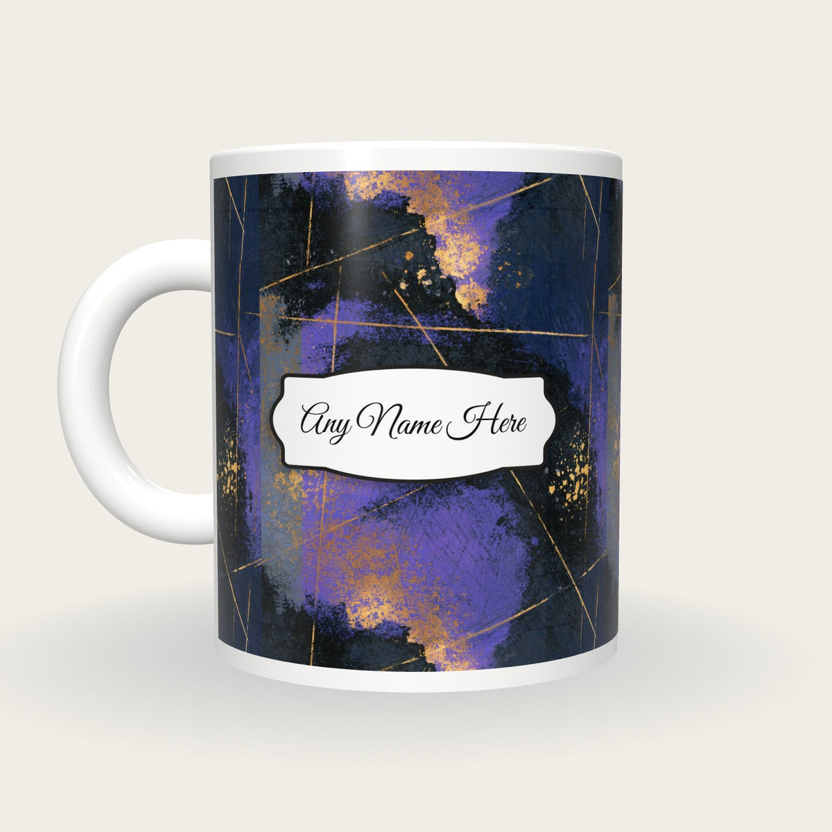 Scratchboard Purple Abstract Name Mug, back with the second name label