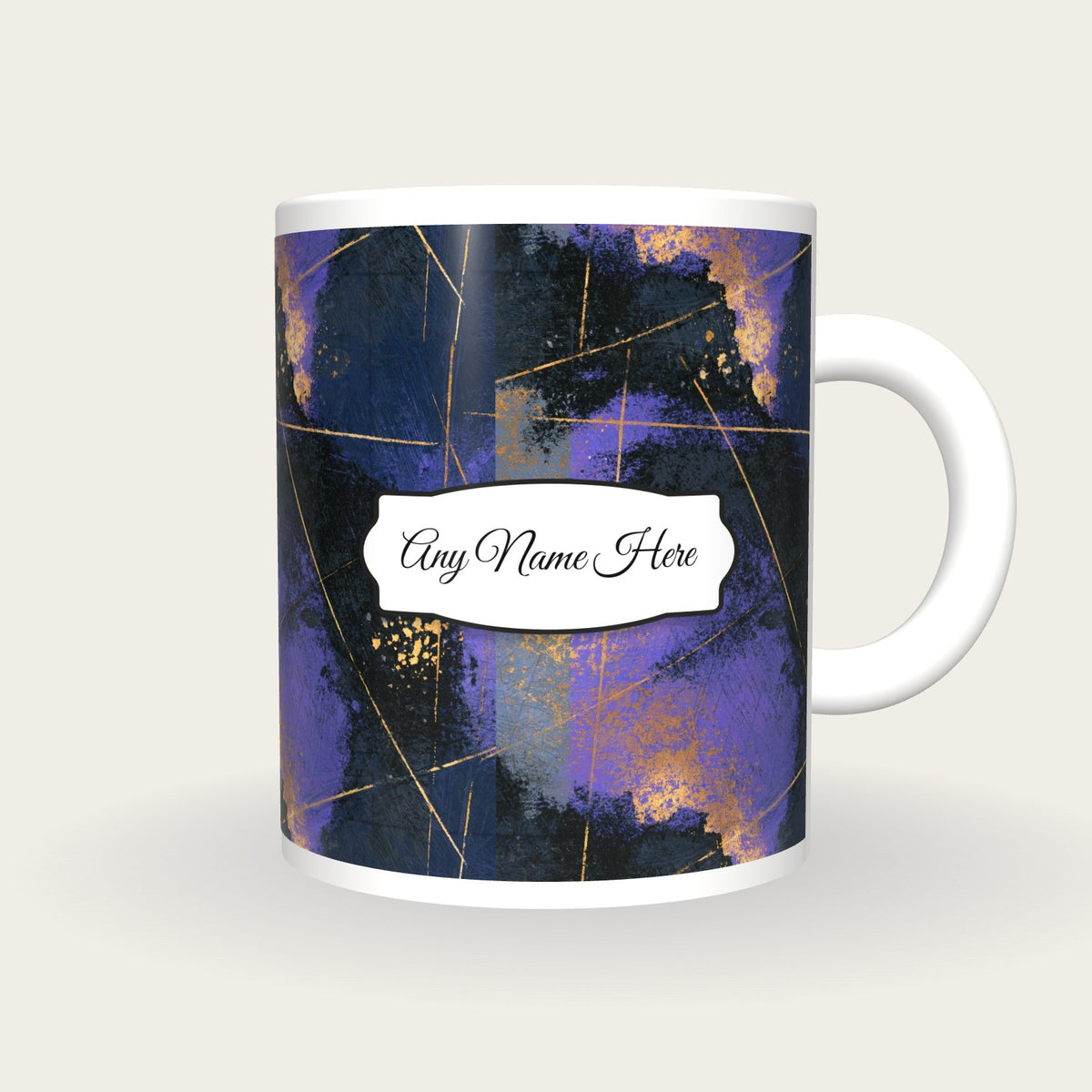 Scratchboard Purple Abstract Name Mug, front with the name label
