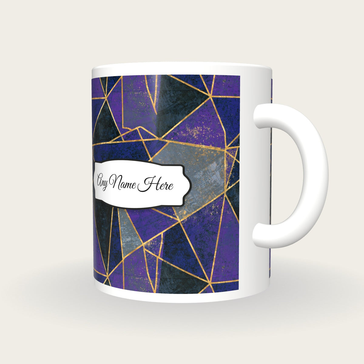 Scratchboard Purple Abstract Name Mug 2, three-quarter view