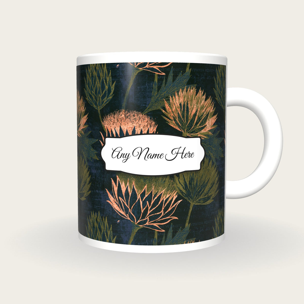 Scratchboard Thistle Name Mug, front with the name label