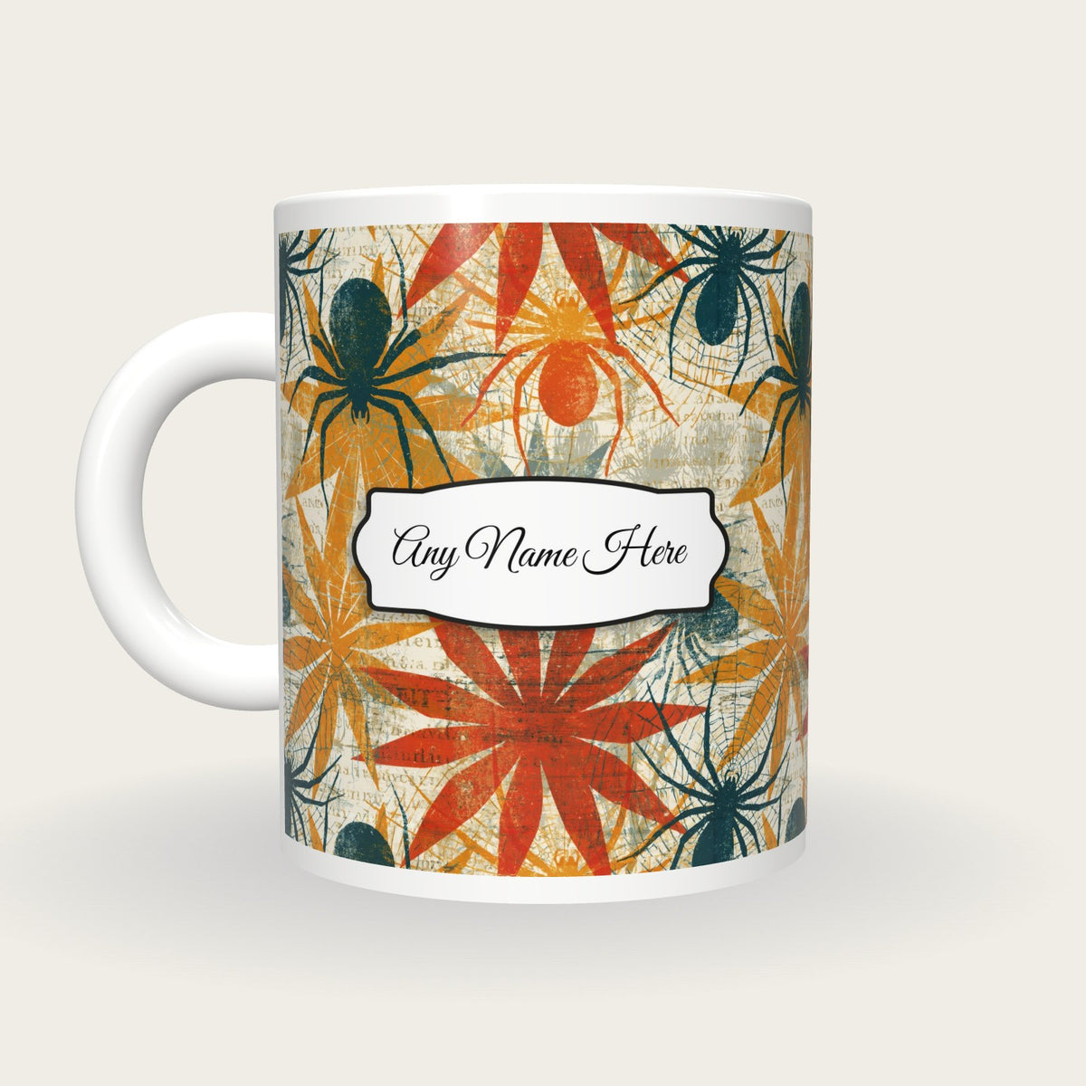 Screenprint Spider Web Name Mug, back with the second name label