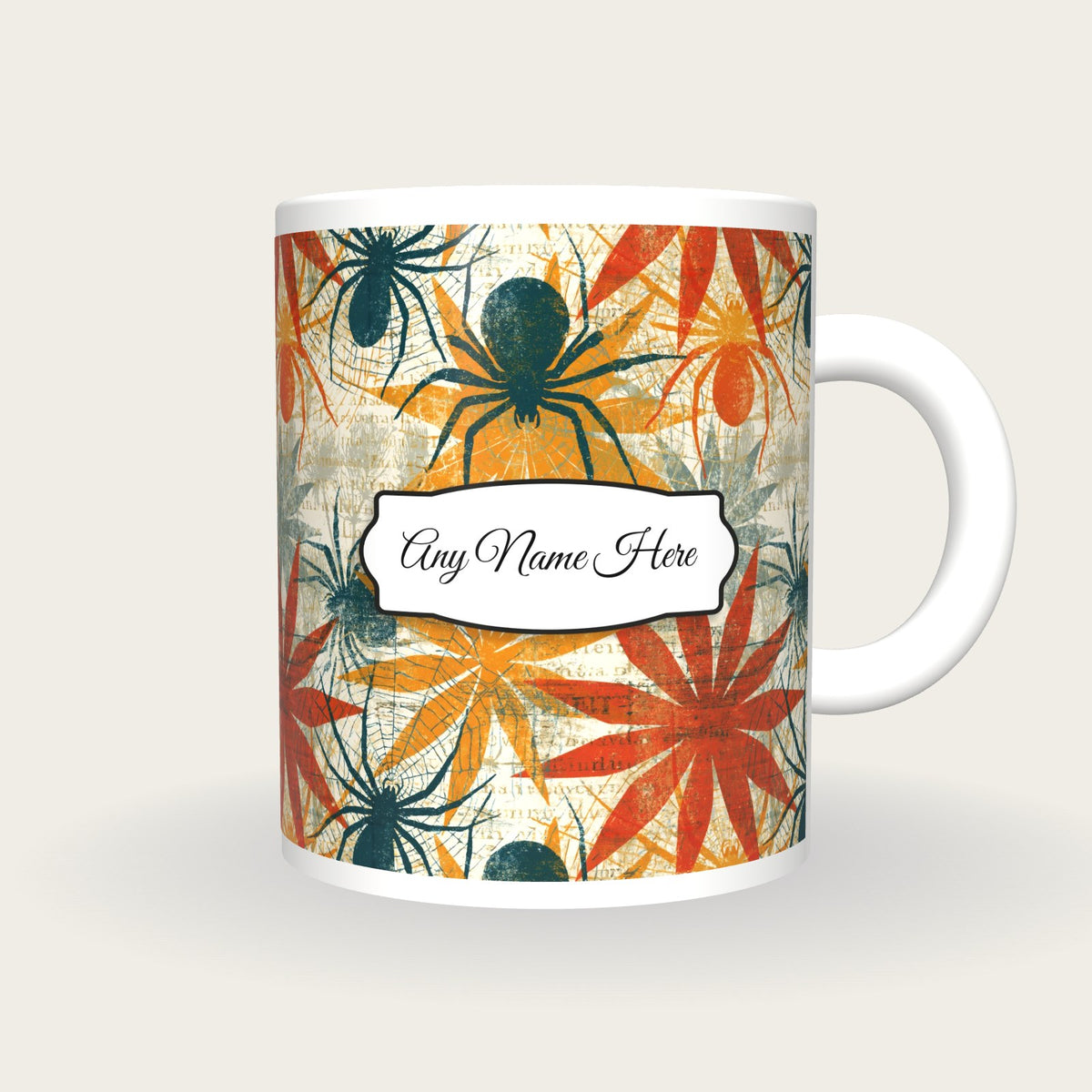 Screenprint Spider Web Name Mug, front with the name label