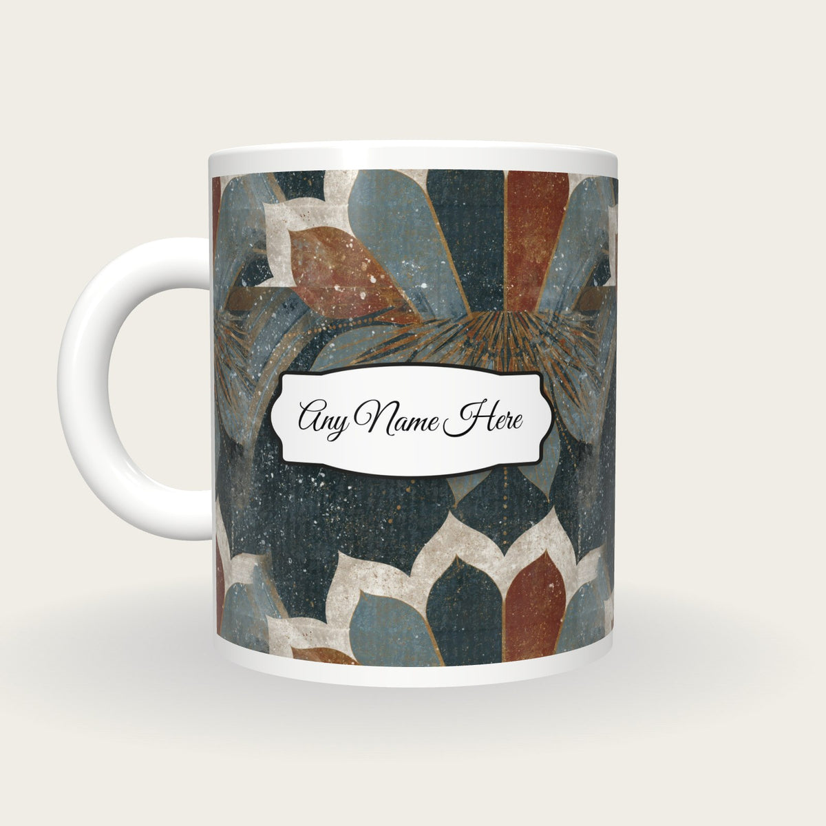 Mandala Slate Abstract Name Mug, back with the second name label