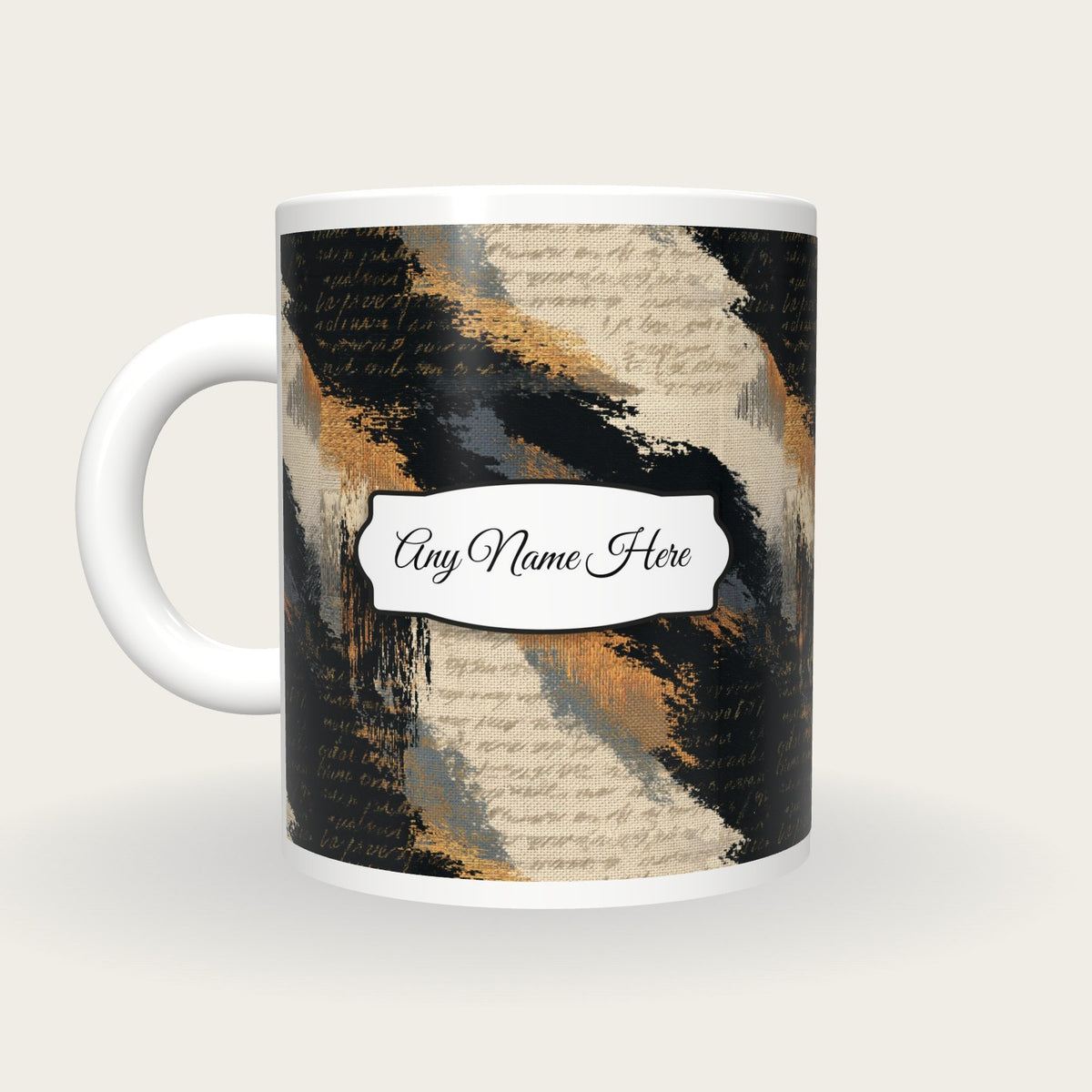 Embroidery Black Abstract Name Mug, back with the second name label