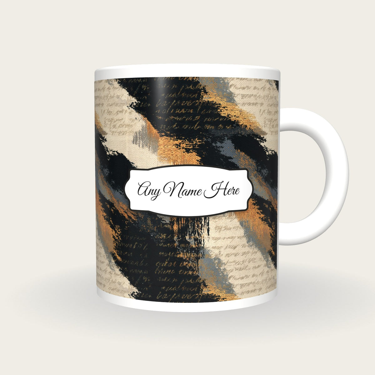 Embroidery Black Abstract Name Mug, front with the name label