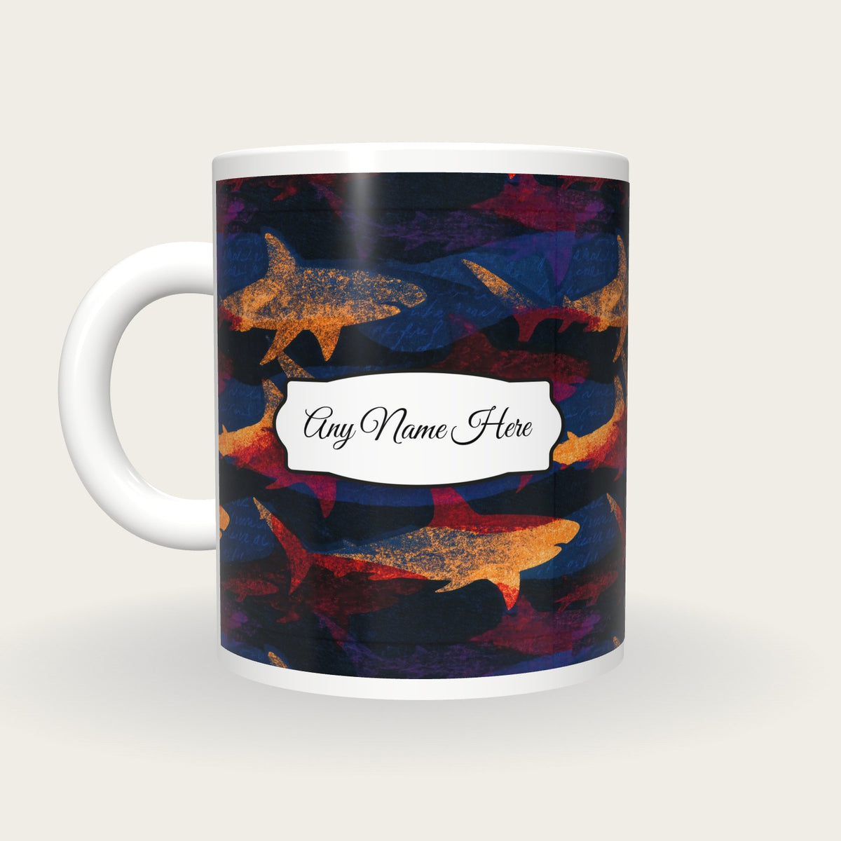 Risograph Sharks Name Mug 2, back with the second name label