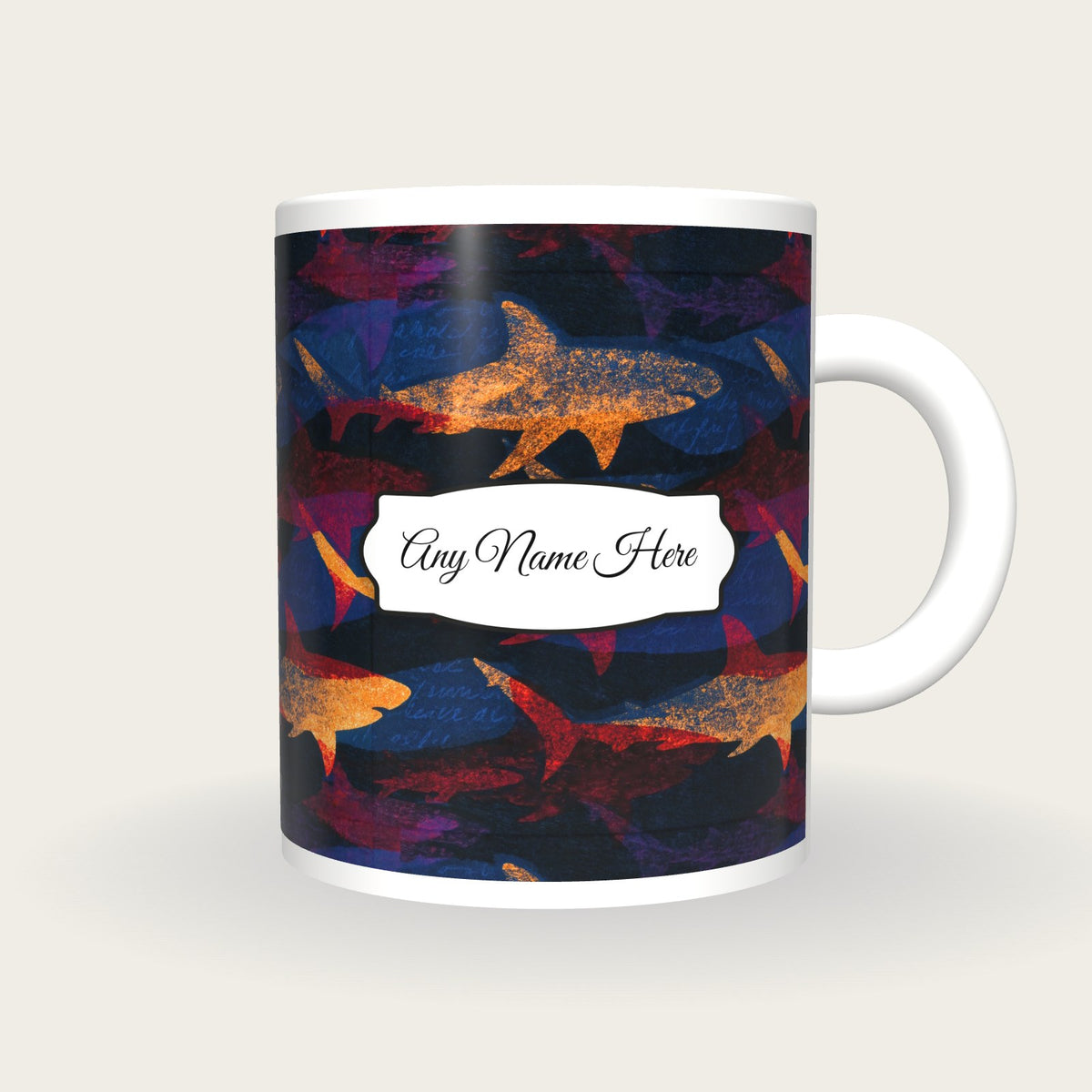 Risograph Sharks Name Mug 2, front with the name label