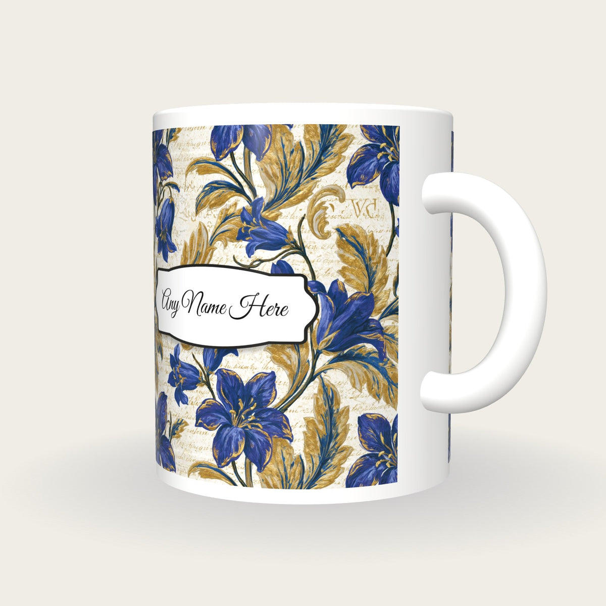 Baroque Bluebells Name Mug, three-quarter view