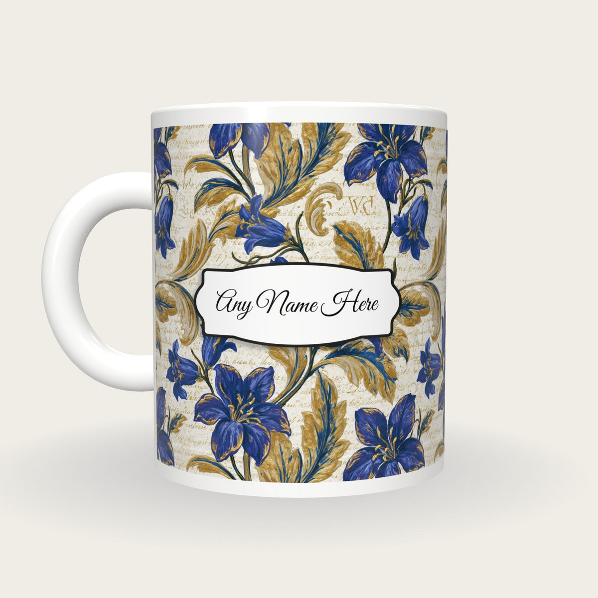 Baroque Bluebells Name Mug, back with the second name label