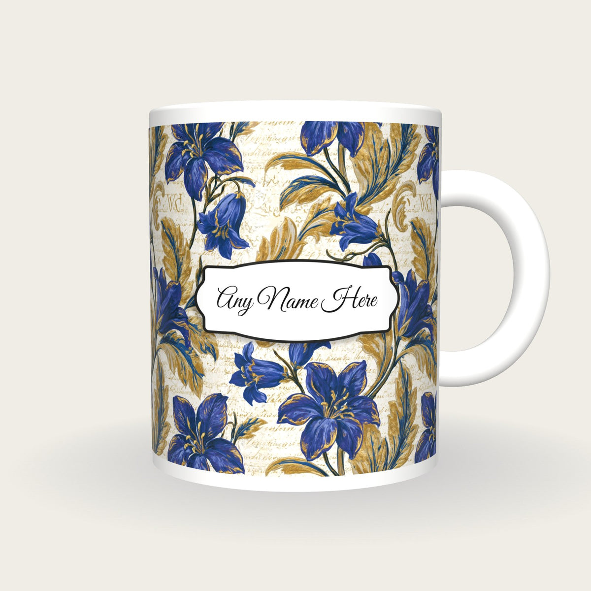 Baroque Bluebells Name Mug, front with the name label