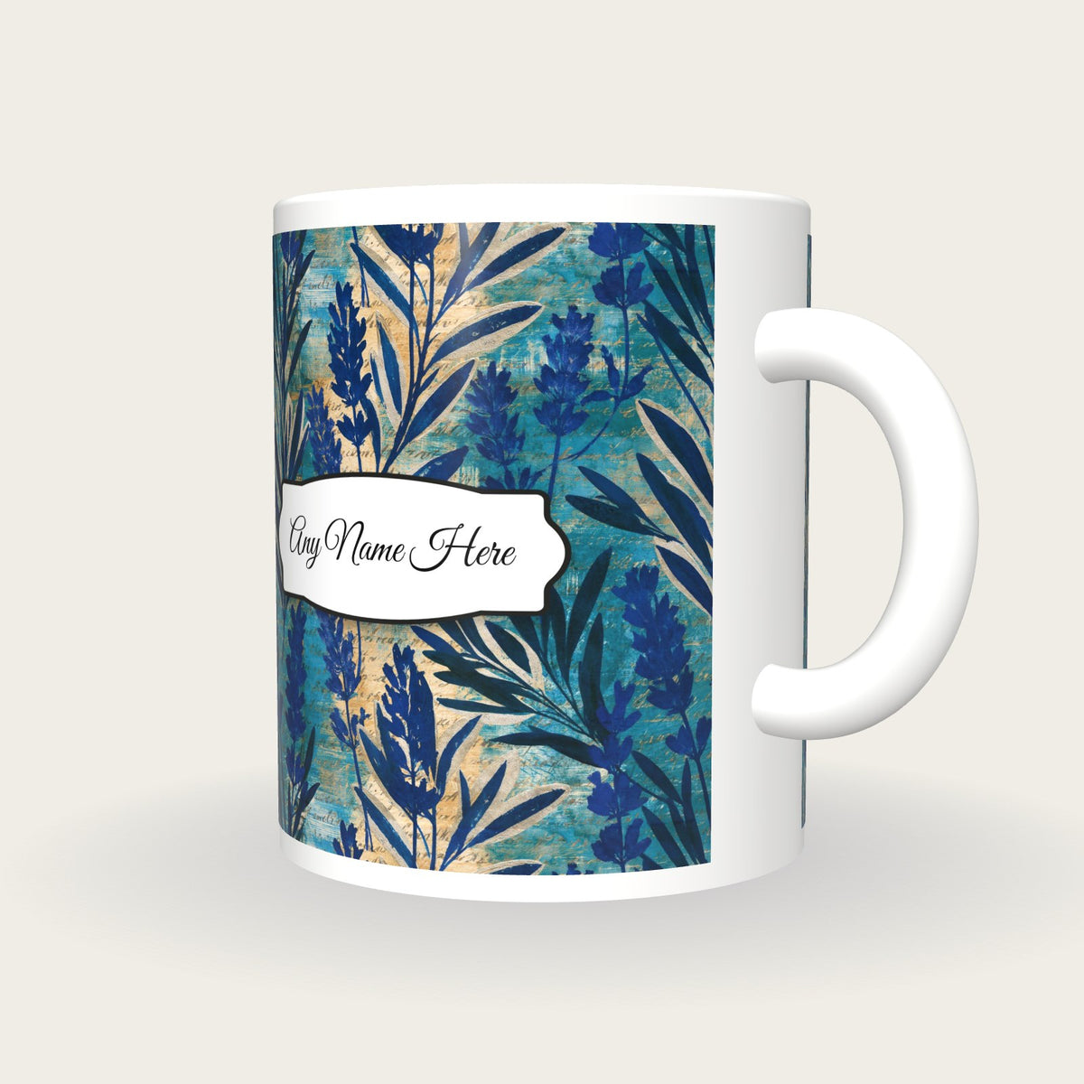 Cyanotype Lavender Abstract Name Mug 2, three-quarter view