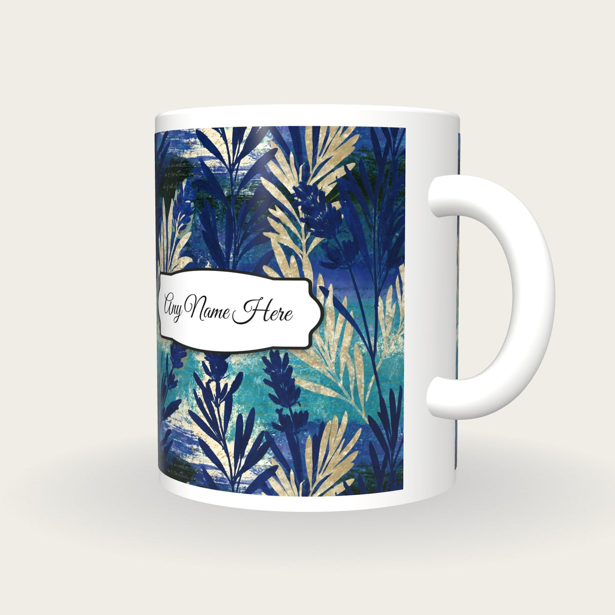 Cyanotype Lavender Abstract Name Mug, three-quarter view