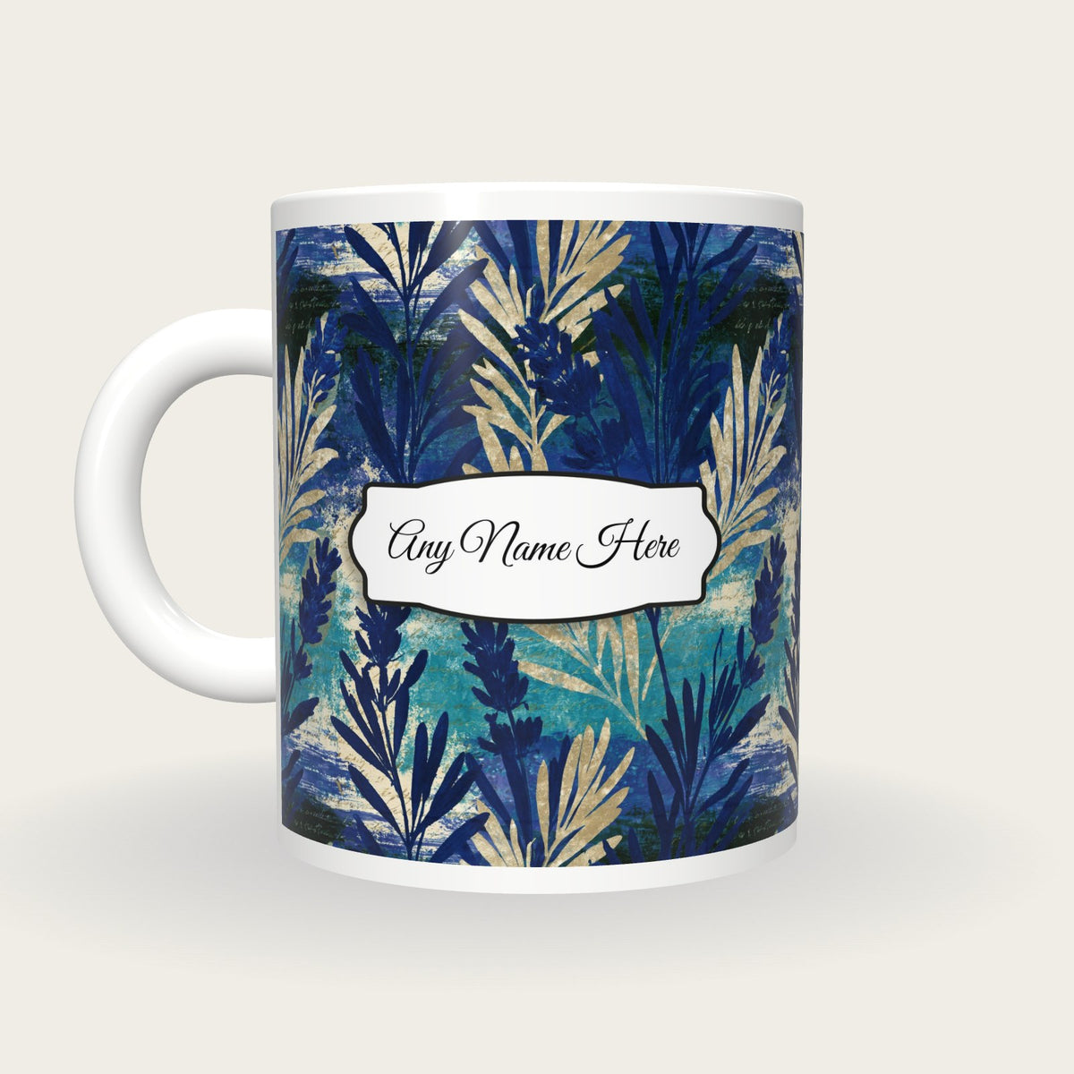 Cyanotype Lavender Abstract Name Mug, back with the second name label