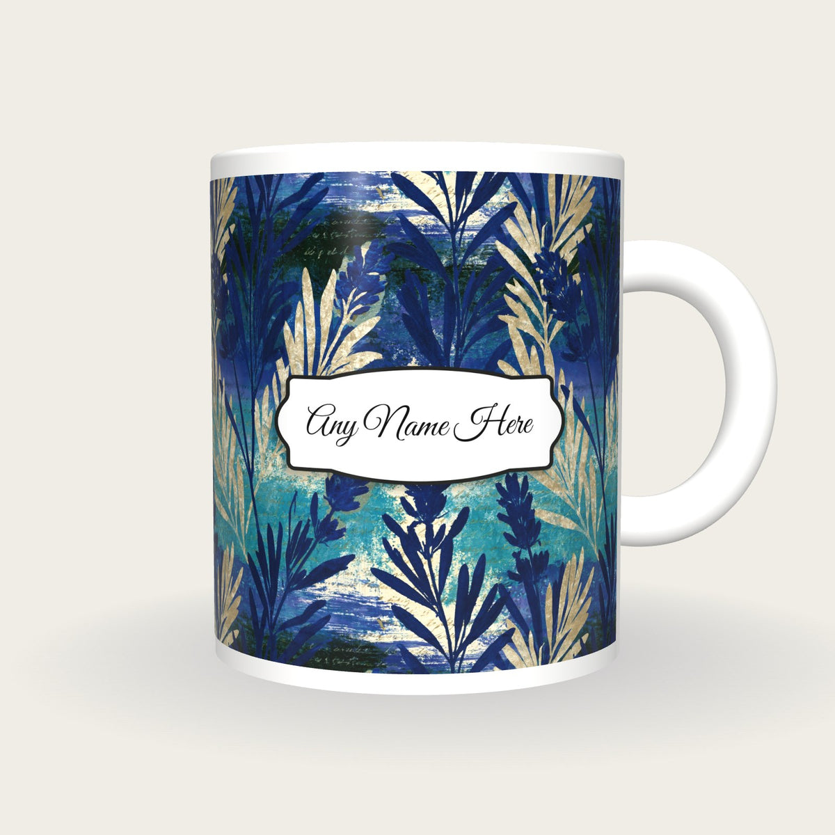 Cyanotype Lavender Abstract Name Mug, front with the name label
