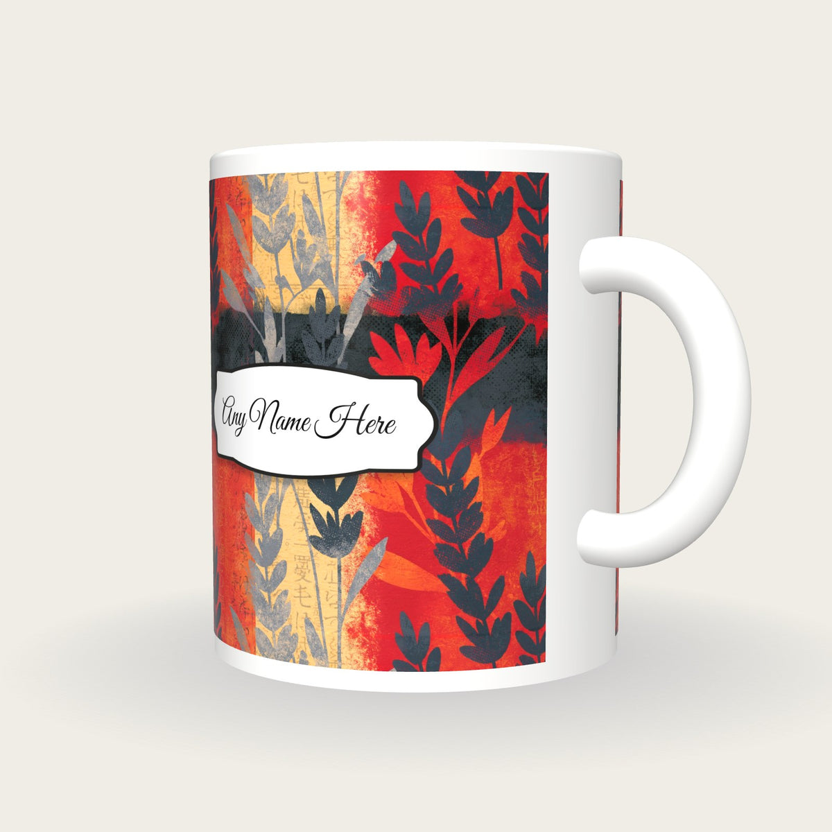 Vintage Newsprint Lavender Abstract Name Mug, three-quarter view