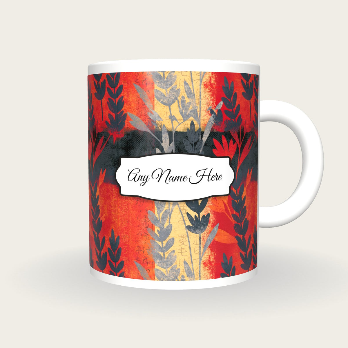 Vintage Newsprint Lavender Abstract Name Mug, front with the name label