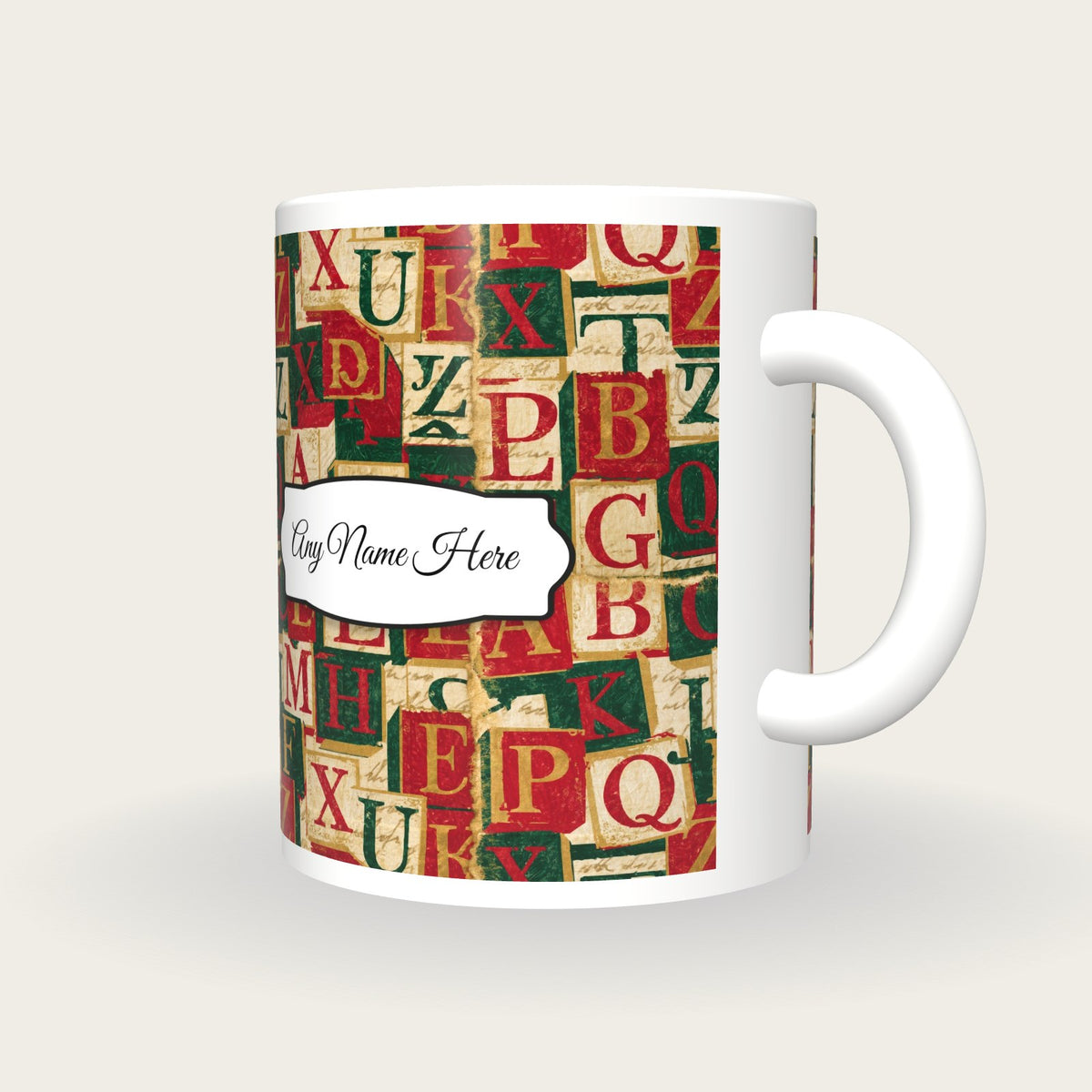 Torn Paper Alphabet Blocks Name Mug, three-quarter view
